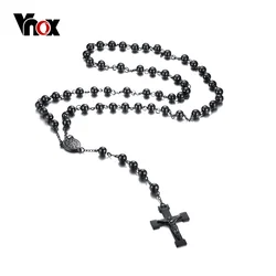 Vnox Mens Chain Bead Rosary Cross Necklace Stainless Steel Black Jesus Christ Charm Male Jewelry