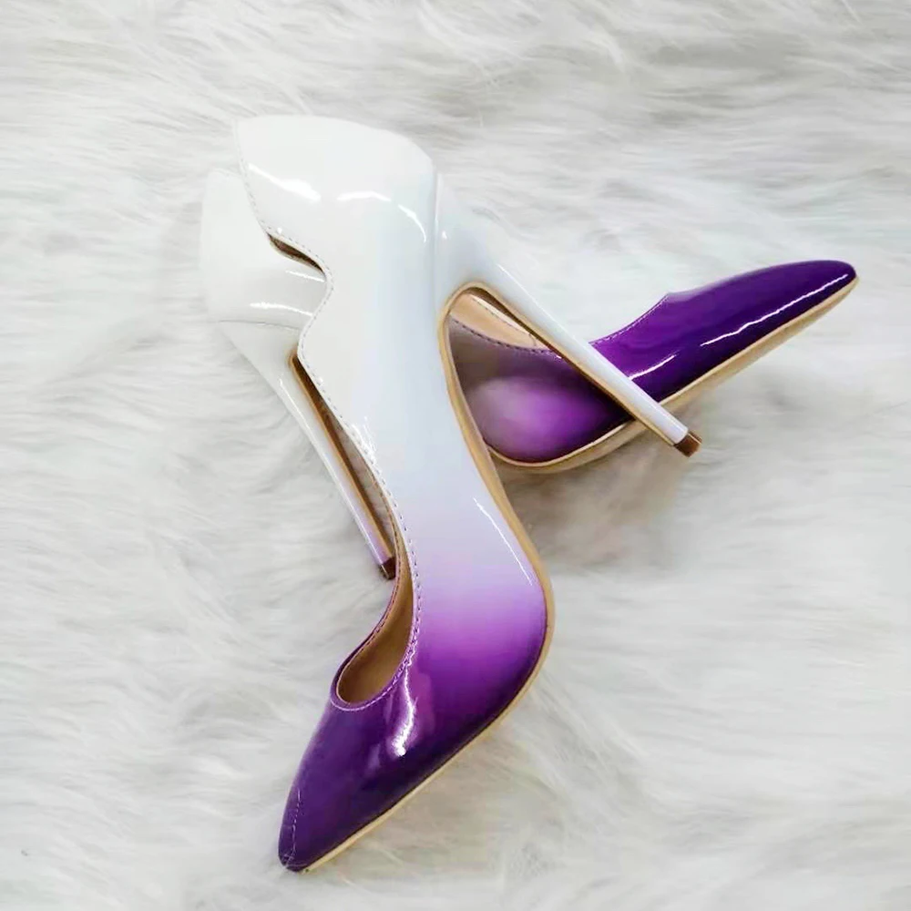 Veowalk White Purple Gradient Women Curl Cut Pointy Toe Stiletto Pumps Elegant Ladies Slip On Dress Shoes Plus Size 33-45