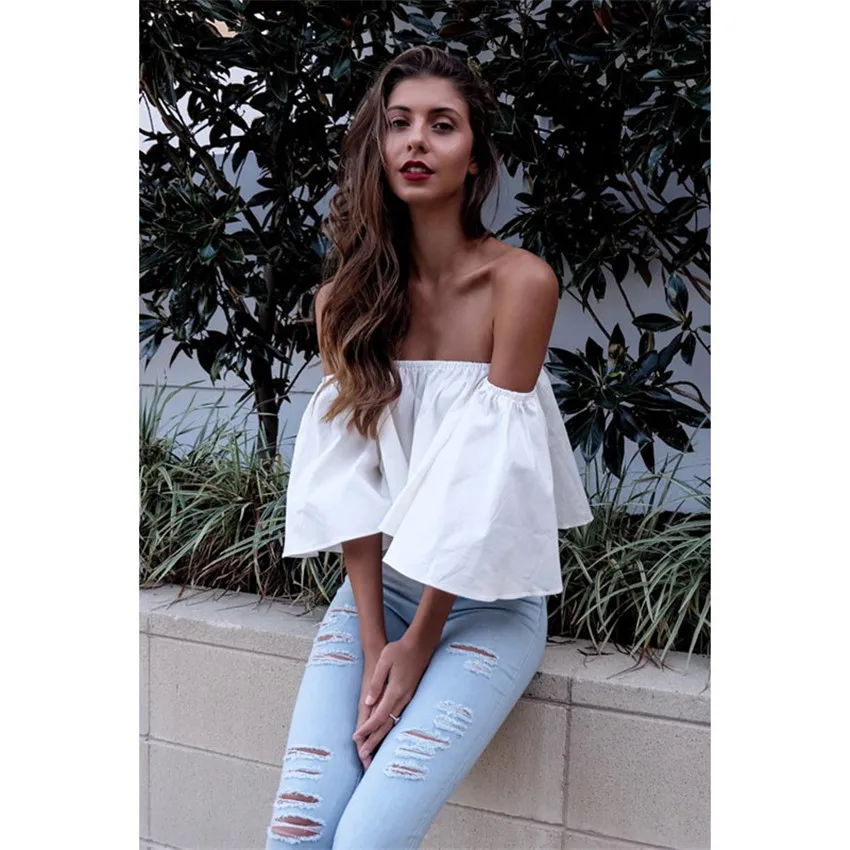 Women Long Sleeve Womens Summer Tops Ruffle Blouse Shirt Women Korean Style Shirt Cotton New Sexy Women Strapless Top