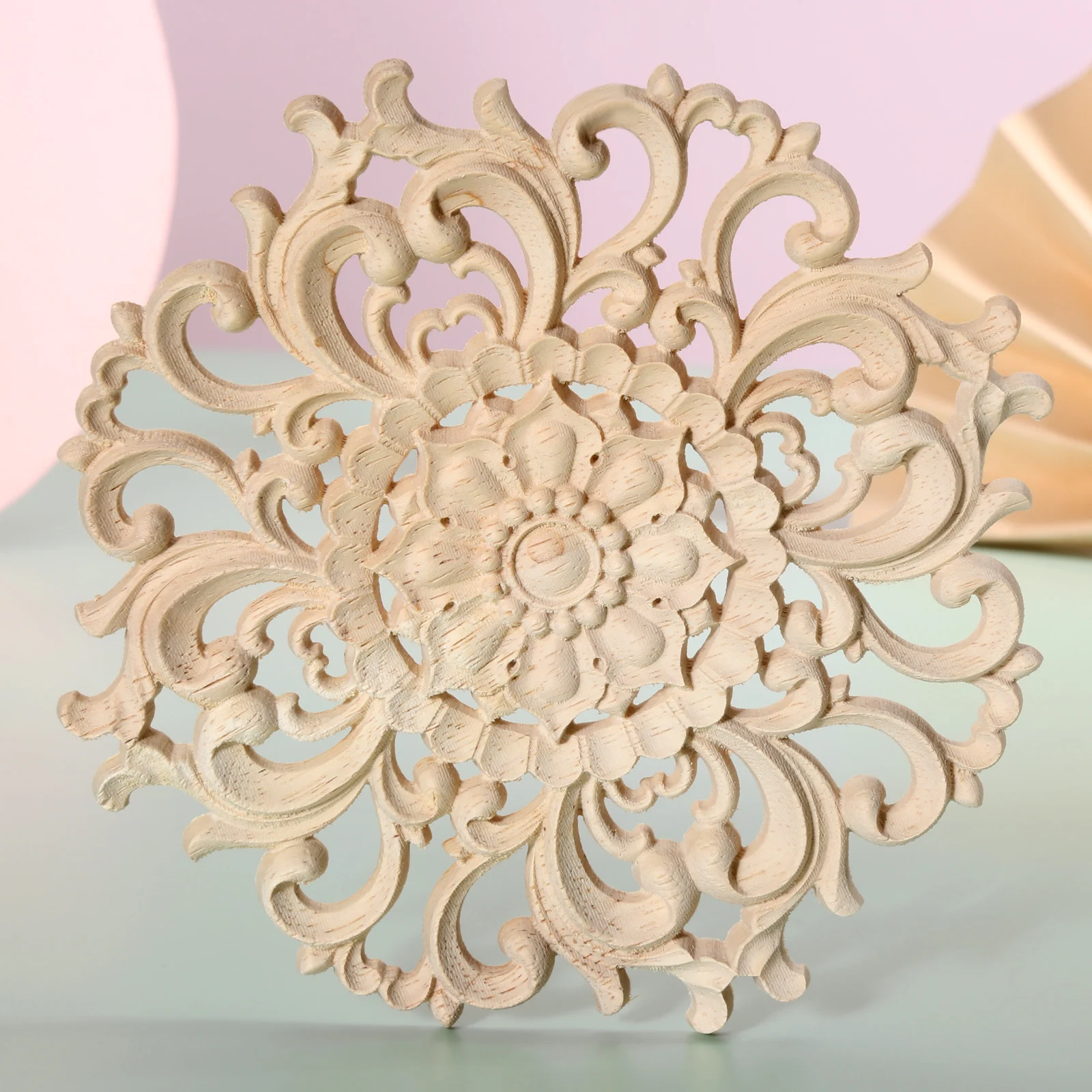 1pc Round Flower Wood Carving Decal Unpainted Disc Onlay Decor Door Furniture Symmetrical Court European Style 10cm 3D Disc image 5