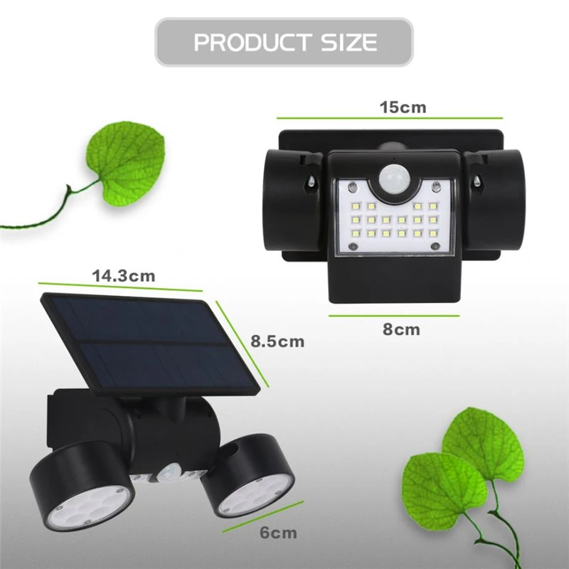 30 LED Solar Light Waterproof PIR Motion Sensor Wall Lamp Solar Powered Adjustable Angle Dual Head Garden Spotlight