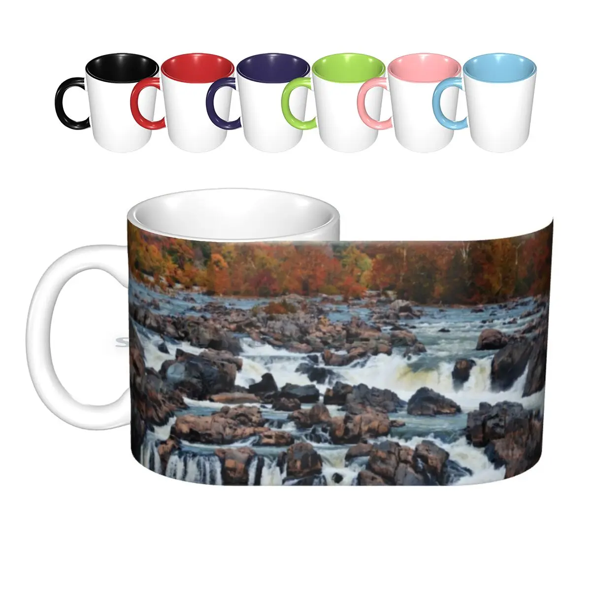 Autumn River Ceramic Mugs Coffee Cups Milk Tea Mug Nature Landscape Water Waterfalls Falls Rocks Rapids River Fall Leaves