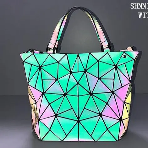 Discount Women Geometry Handbag Hologram Plain Folding Tote Bucket Luminous Bag Geometric Large Capacity Shoulder Crossbody Bags