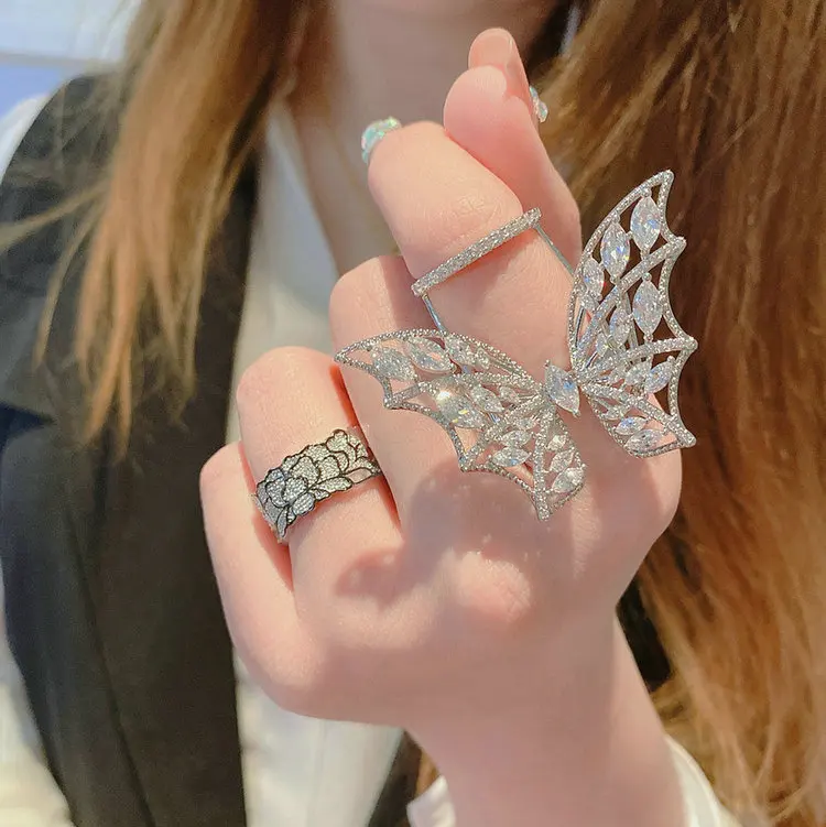 

Women Trendy Flying Butterfly Silver Color AAAAA Zircon Exquisite Rings Open Resizable Finger Rings for Ladies Girls