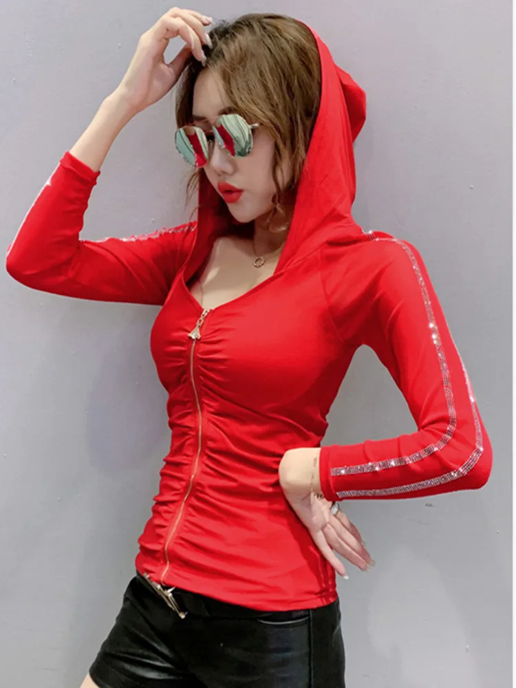 Fall Winter Korean Style Tshirt Chic Sexy Zipper Hooded Mesh Long Sleeve Dimonds Cotton Tops Camiseta Mujer Tees New T00509A