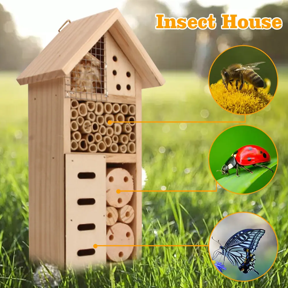 Insect House Wooden Insect Hotel Natural Nesting Habitat Insect Breeding Nest For Outdoor Garden Yard Bee Butterfly