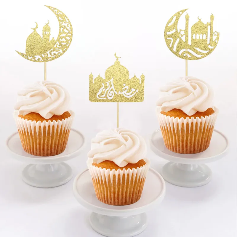 10Pcs Gold EID Mubarak Moon Castle Cupcake Toppers Ramadan Kareem Decor 2023 Islamic Muslim Party Eid al-Fitr Cake Home Supplies