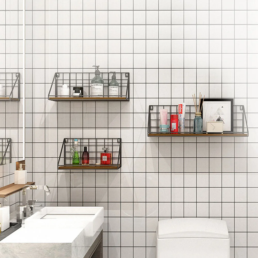 S M L -- Floating Wall Mounted Storage Rack Metal + Wood Shelf Bathroom Kitchen Racks Organizers Shelves Holder Home Decor Decal