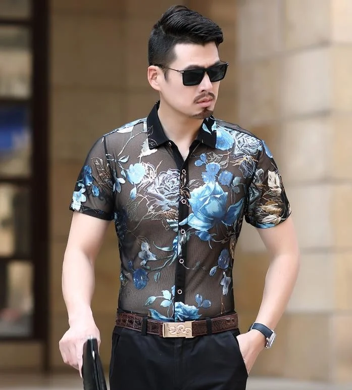 

Trendy Fashion Mens Silk Shirts Summer Short Sleeve See Through Sexy Transparent Shirt Men Mesh Formal Flower Shirt Slim Thin