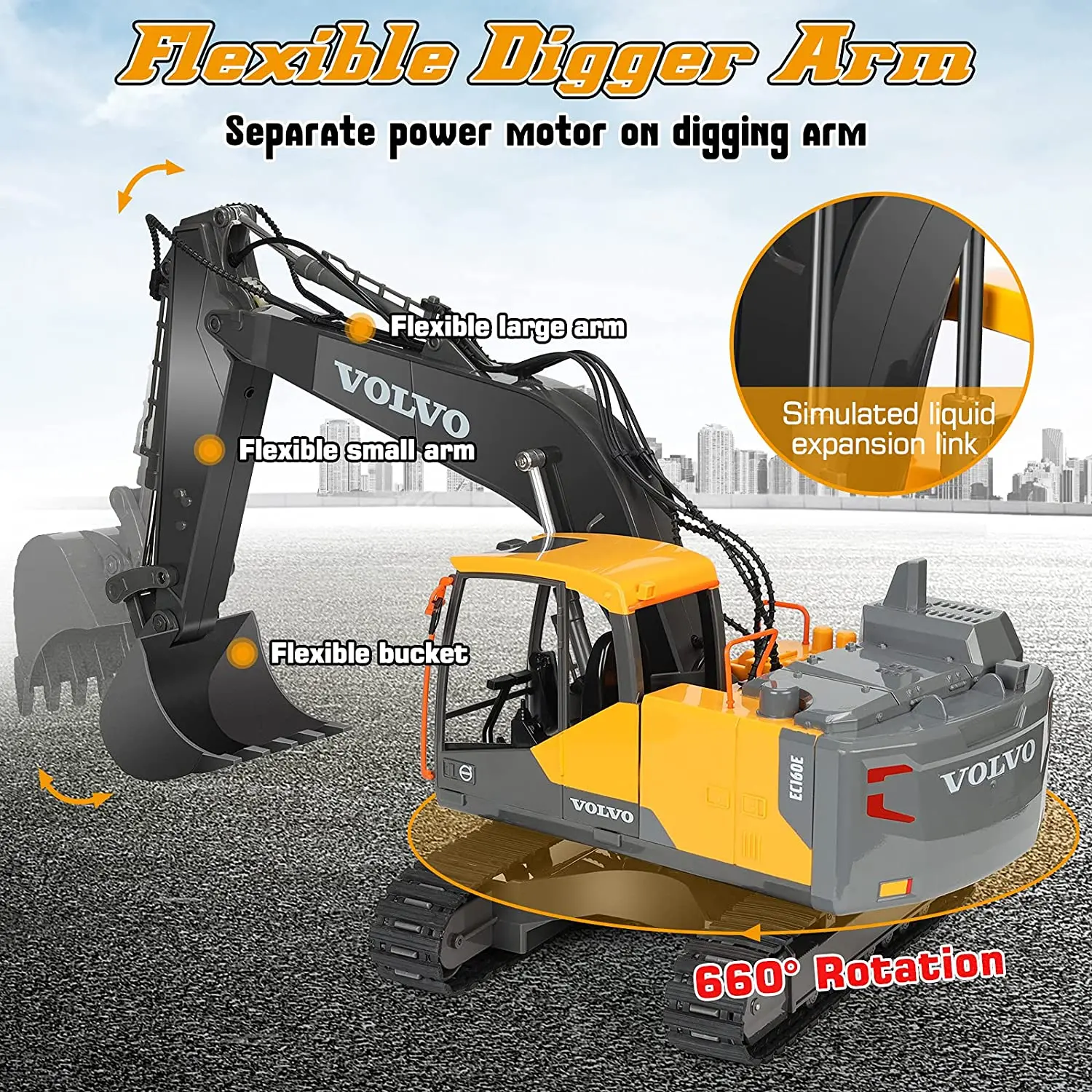 RC Excavator 3 in 1 Construction Metal Remote Control Excavator Shovel Drill 17 Channel 1/16 Full Functional Electric