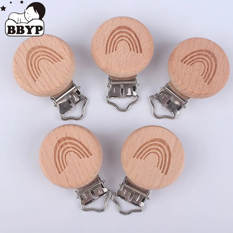 

2-10Pcs Wooden Pacifier Clips Beech Engrave Rainbow Baby Teether Safety Clasp Holder DIY Dummy Chain Toys Accessories