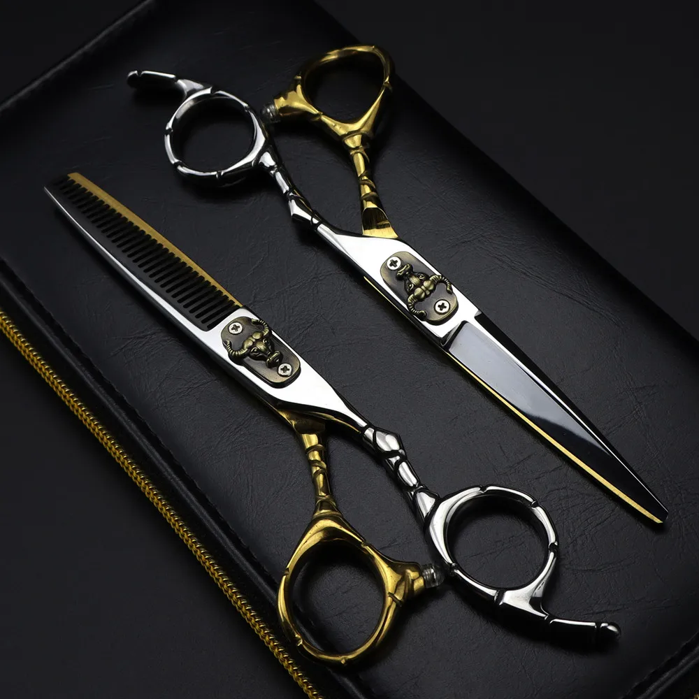 Professional Japan 440c steel 6 inch Bull head hair cutting scissors haircut thinning barber cut shears hairdressing scissors