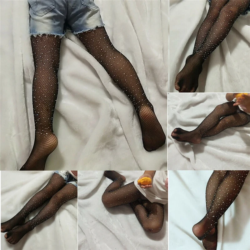 2021 Summer Fashion Girl Tights Children's Black Mesh Sheer Stockings For Girls Kids Baby Pantyhose Rhinestone Thin Tight