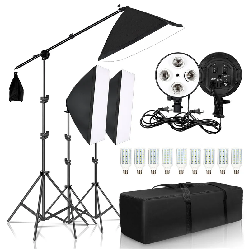 Softbox Photography Lighting Kit 50x70CM Professional Continuous Studio Lighting Equipment with Boom Arm Hairlight and Carry Bag