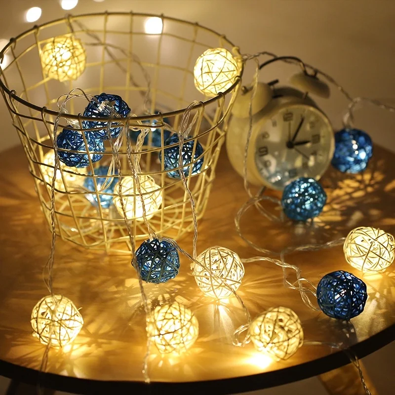 20 Rattan Balls LED String Lights Battery Garland Cotton Ball Light Chain Guirlande Lumineuse Holiday Christmas Lights Balls