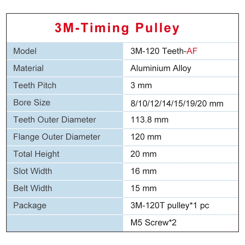 Timing Pulley 3M120T Inner Bore 8/10/12/14/15/19/20 mm Aluminum Belt Pulley Slot Width 16 mm For 3M-synchronous belt Width 15 mm