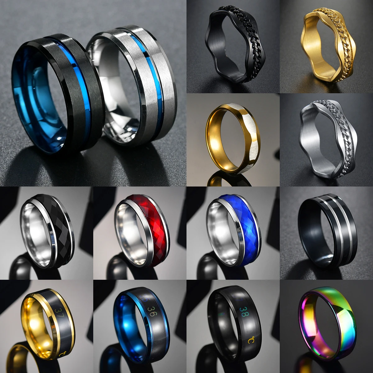 8mm Casual Black Men's Ring Blue Line Stainless Steel Male Wedding Band Comfort Wear Gentlemen Jewelry Gift High Quality