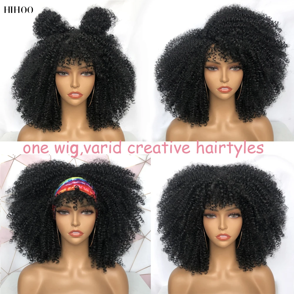 14\'\' Short Hair Afro Kinky Curly Wigs With Bangs For Black Women Synthetic Natural  Brown Mixed Blonde Wig Party Cosplay Daily