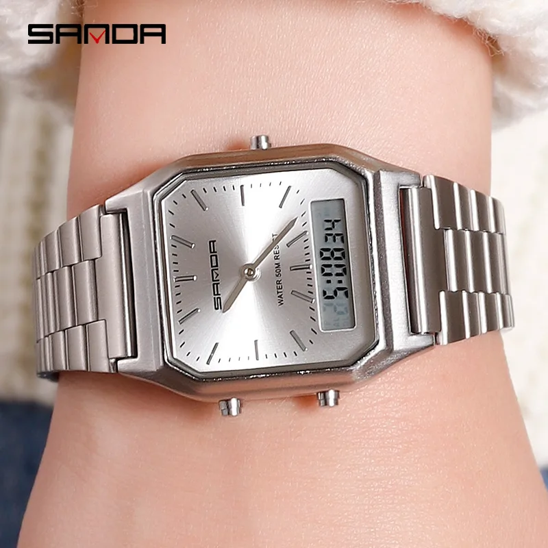 Fashion Sanda Brand Men Watches Retro Stainless Steel Band Digital Display erkek kol saati zegarek damski relogios Wristwatches