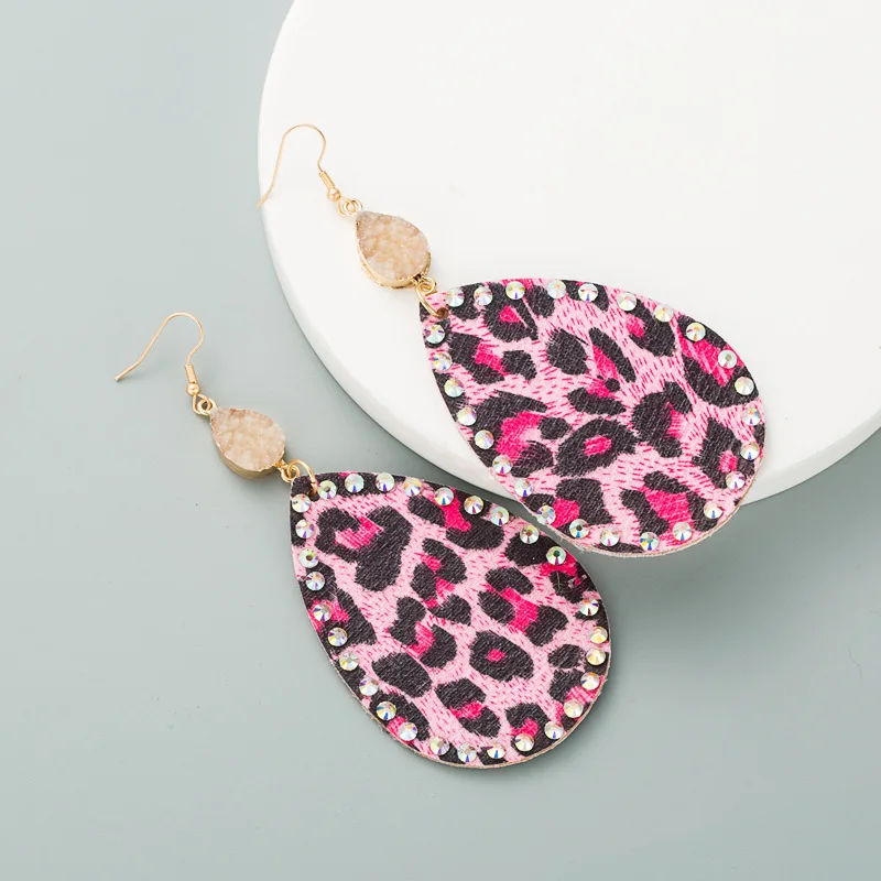 New Creative Euramerican Bohemian Style Leather Leopard-Print Paste Crystal Dangle Earrings For Women Girls Fashion Jewelry