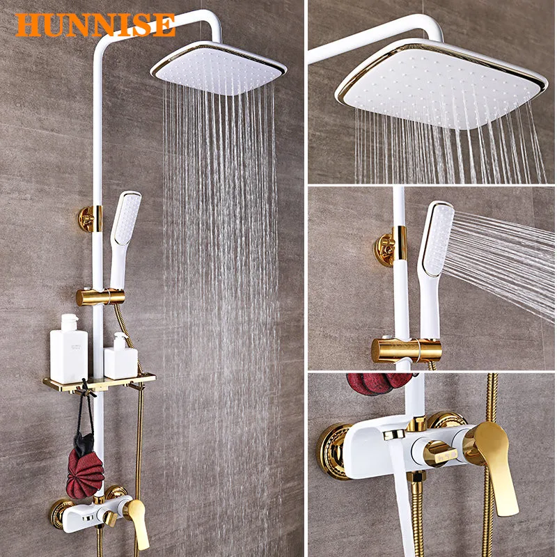 Bathroom Shower System Quality Brass Bathroom Faucet White Gold Bathtub Mixer Tap Rainfall Shower Head Bathroom Shower Mixer Set