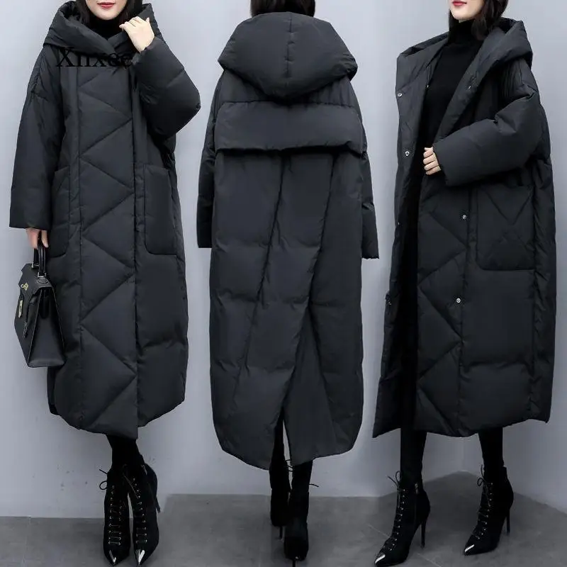 Autumn and Winter Women's  Korean Style Loose Mid-Length Over The Knee Black Women's Thick Coat