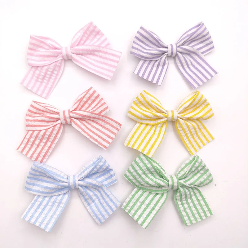 15Pcs/Lot 7*5.5cm Candy Color Handmade Stripe Bowknot Appliques For Children Headwear Hair Clip Accessories And Garment Patches