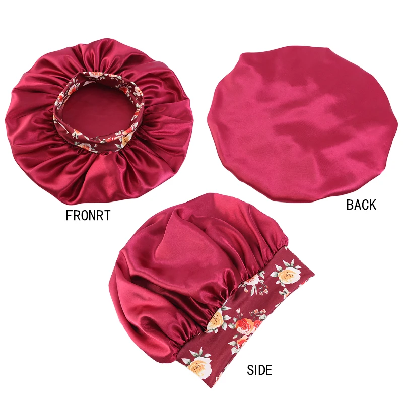 New Big Size Floral Print Bonnet Satin Wide Elastic Band Beanie Night Sleep Caps Head Cover African Headwrap Turban Chemo Caps