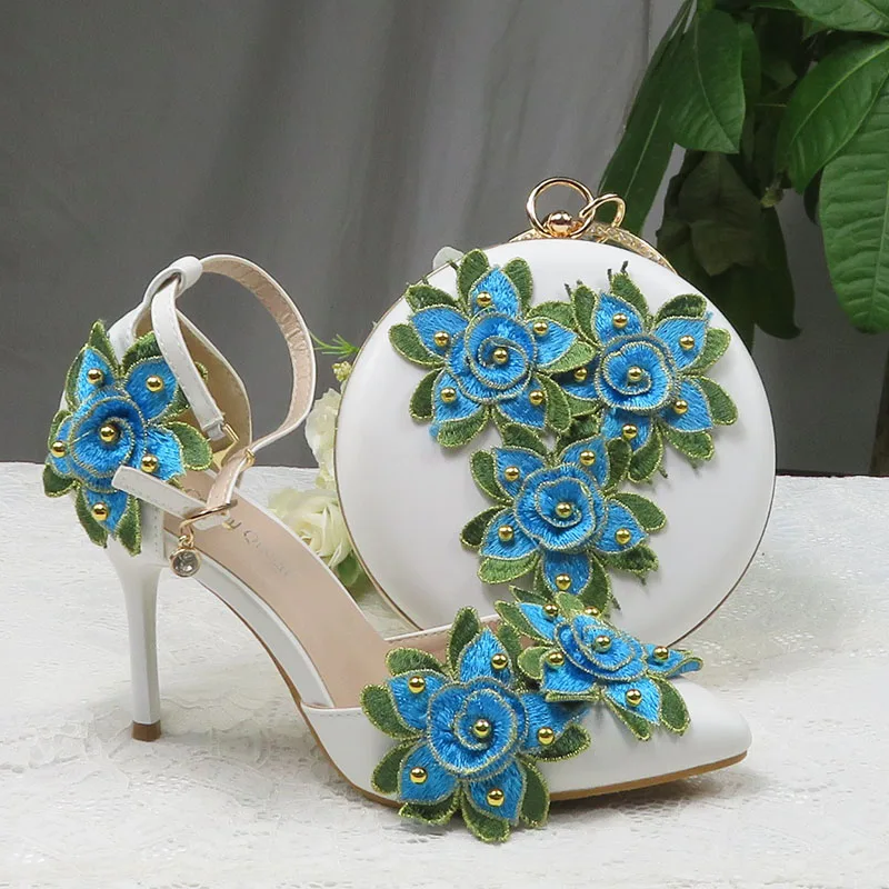 Flower wedding shoes with matching bags High heel Pointed Toe Ankle Strap Summer Sandals Party shoe and bag set High Shoes Woman