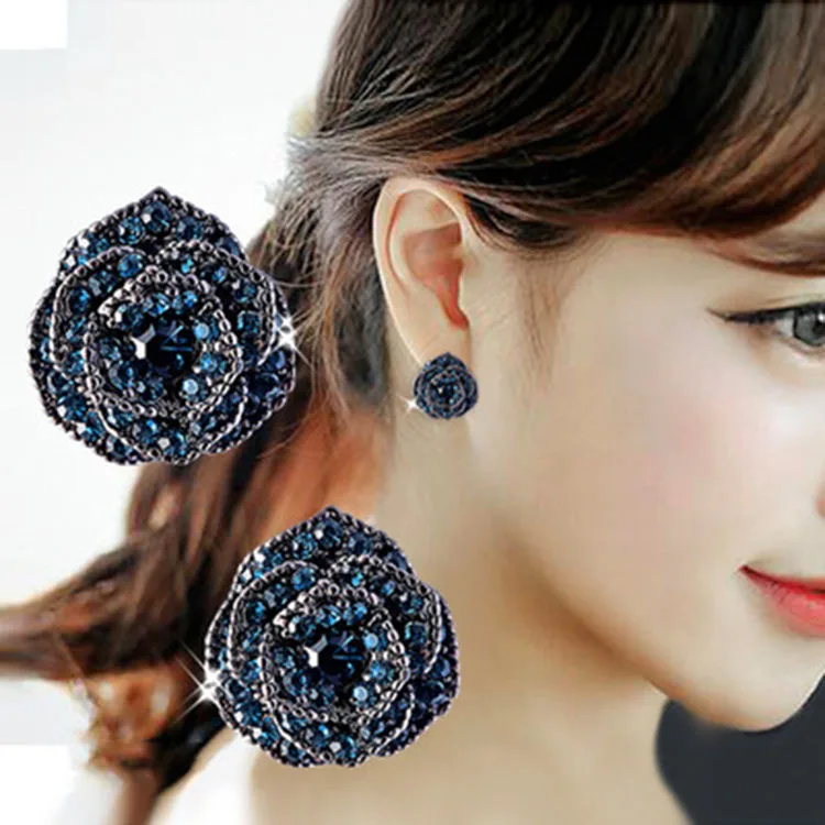 Crsytal  Blue Rose-shaped Earrings Temperament personality wild earrings female simple fashion earrings girl gift jewelry