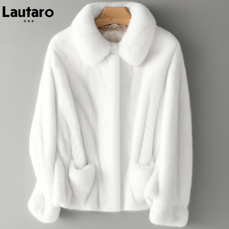 Lautaro Winter Short White Thick Warm Faux Mink Fur Coat Women Pockets Runway Luxury Fluffy Furry Jacket 2021 Korean Fashion