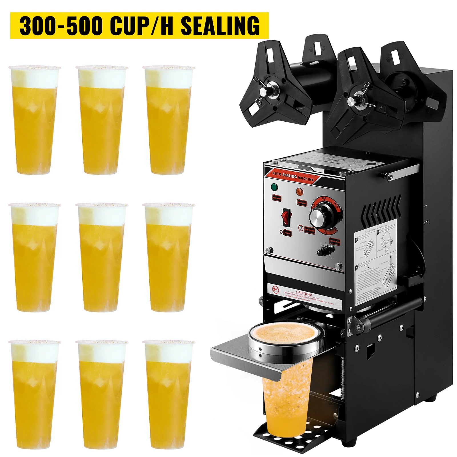 VEVOR Cup Sealing Machine Black Semi-automatic 90/95 MM 300-500 Cups/Hour Accurate Temperature & Time Setup Electric Cup Sealer