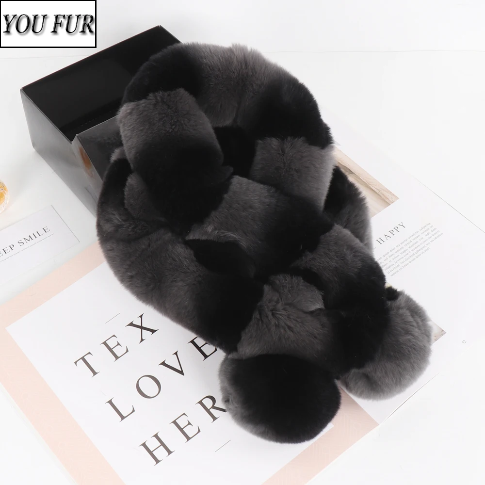 

Hot Sale Winter Women Warm Real Rex Rabbit Fur Scarf Natural Soft Rex Rabbit Fur Scarves Lady Knit Quality 100% Real Fur Muffler