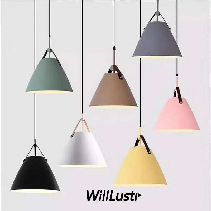 Creative Macaron Color Pendant Lamp Iron Leather Belt  Suspension Light Cottage Cafe Sofa Bedside Hotel Modern Hanging Lighting