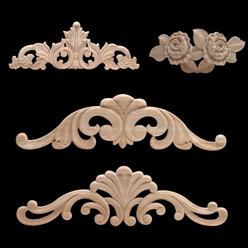 

European Wood Carving Decals Solid Wood Door Flowers Long Decals Wholesale Carved Horn Flowers Wood Applique Decoration Cabinet