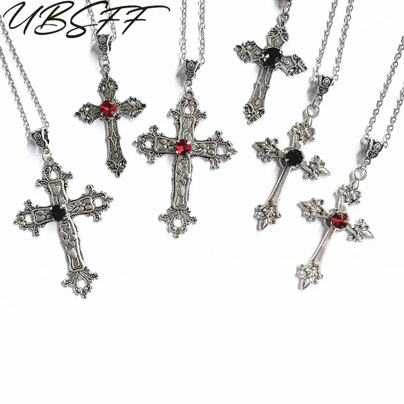 Large Detailed Cross Drill Pendant Jewel Necklace 6 Styles Tone Gothic Punk Jewellery Fashion Charm Statement Women Gift(Red