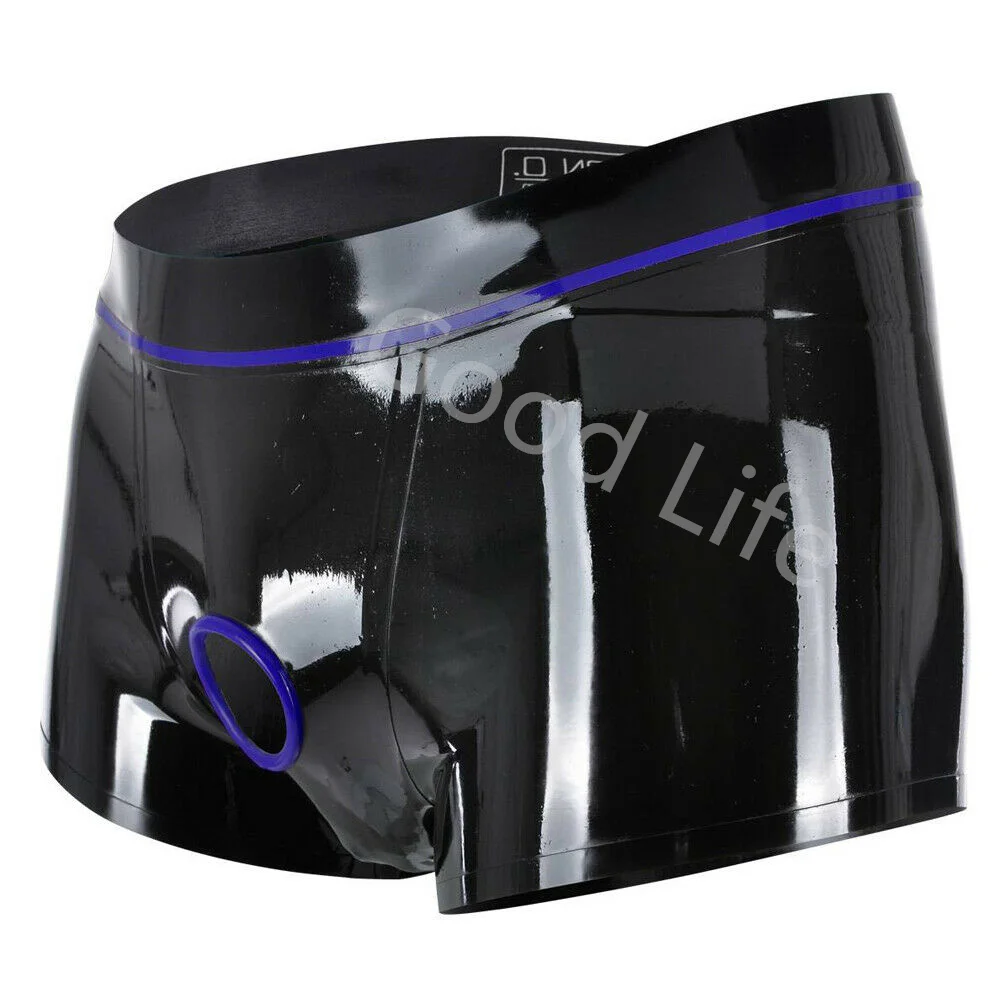 Sexy Natural Latex Underwear Boxer Shorts Briefs Handmade Men Short Pants Front Hole With Blue Trims kakegurui cosplay costume