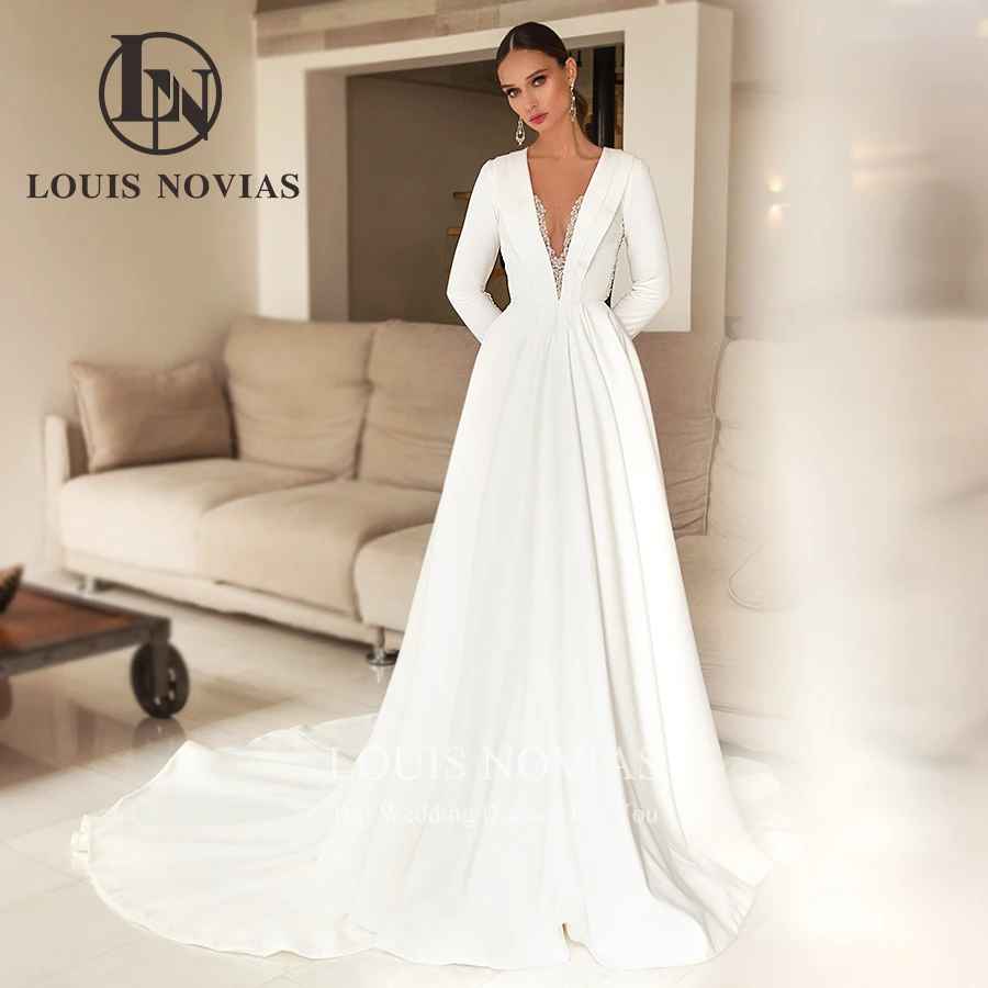 LOUIS NOVIAS ชุดแต่งงานแขนยาวผู้หญิง Backless ลูกปัดคริสตัล V คอชุดเจ้าสาวซาติน A-Line Vestidos De Novia