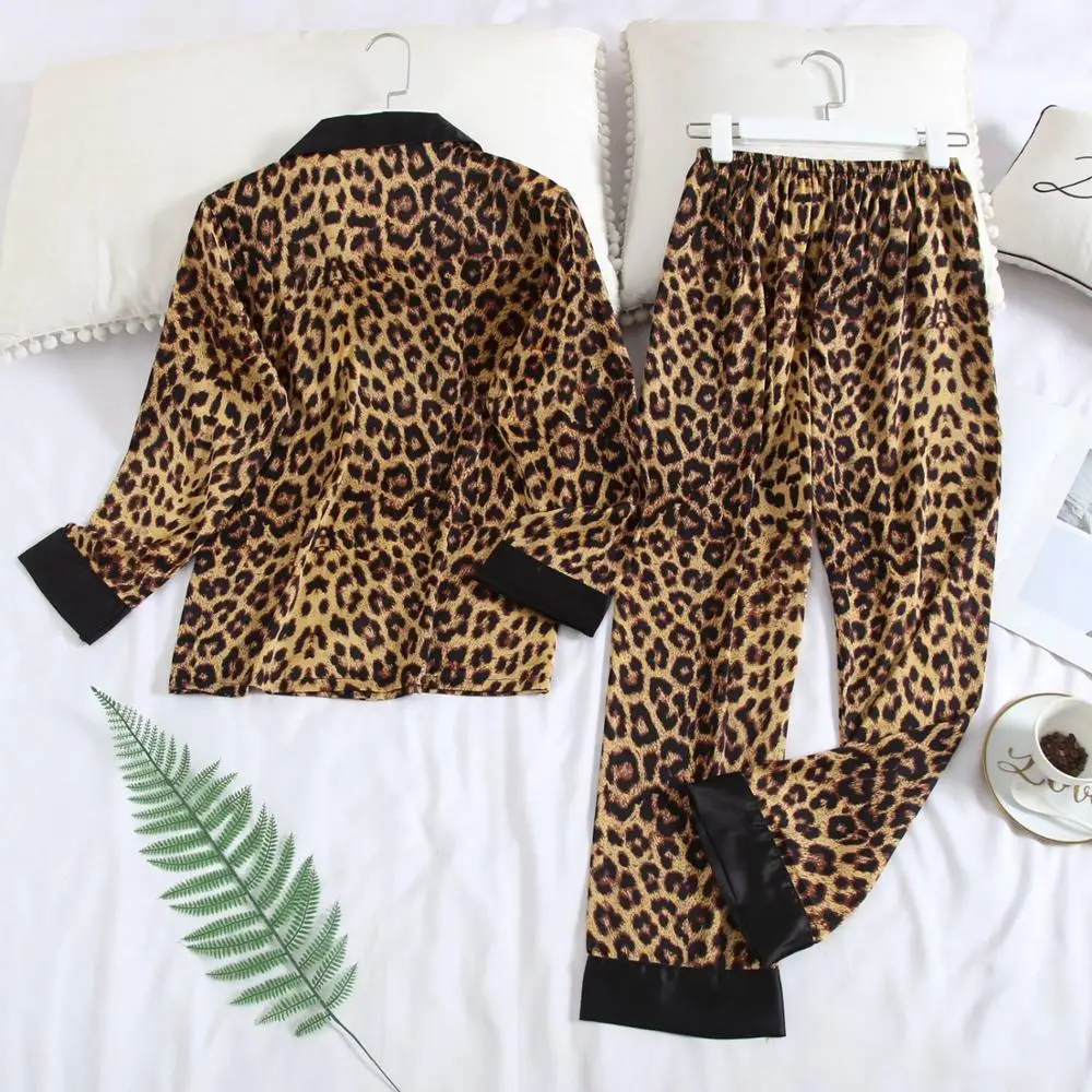 Sexy feminino leopardo cetim pijamas primavera outono impresso rayon feminino pijamas de manga longa casa terno duas peças conjunto nightwear