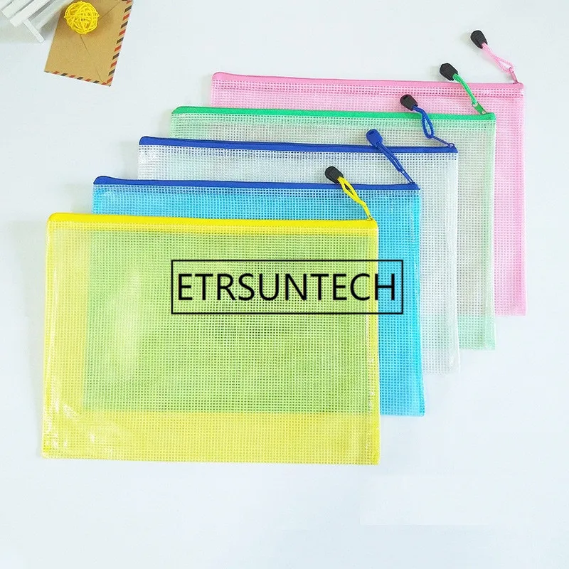 300pc File Bag Transparent  Mesh Bag Office Supplies Plastic Zipper Bag Student Waterproof Bill Bag Examination Paper Stationery