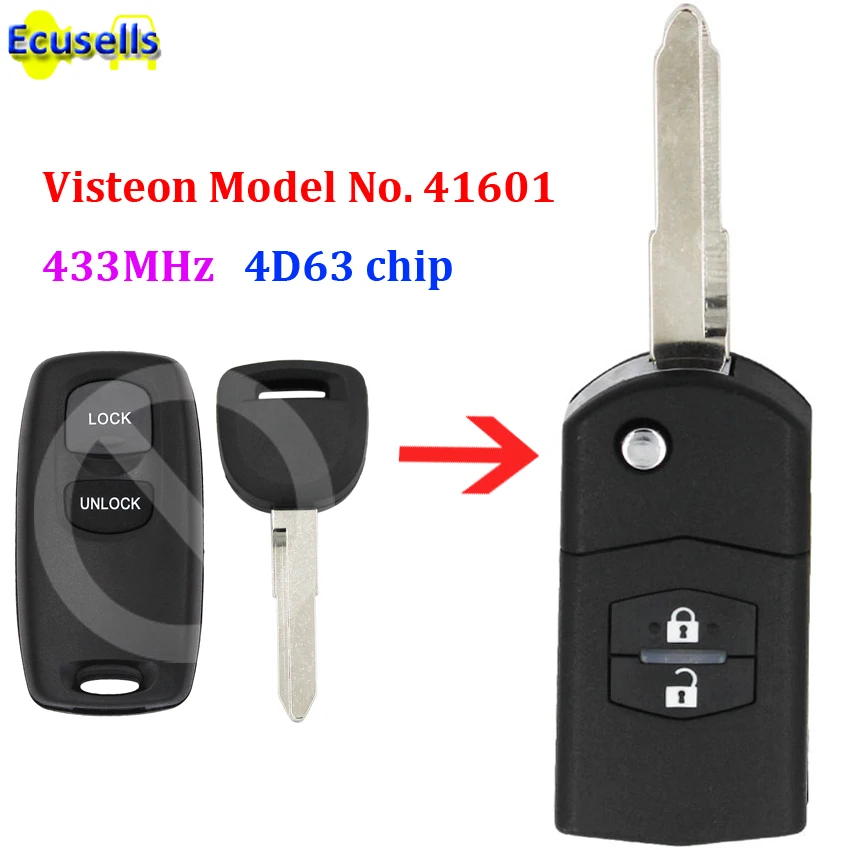 Upgraded Flip Remote Car Key Fob 2 Button 433MHz 4D63 chip for Mazda 323 626 1999-2003 Visteon Model No. 41601