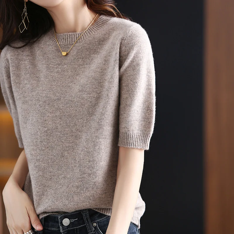 Hot Sale 100% Wool Cashmere Women\'s Sweaters And Pullovers Autumn Female O-Neck Clothing Short SLeeve Soft Jumper Tops Spring