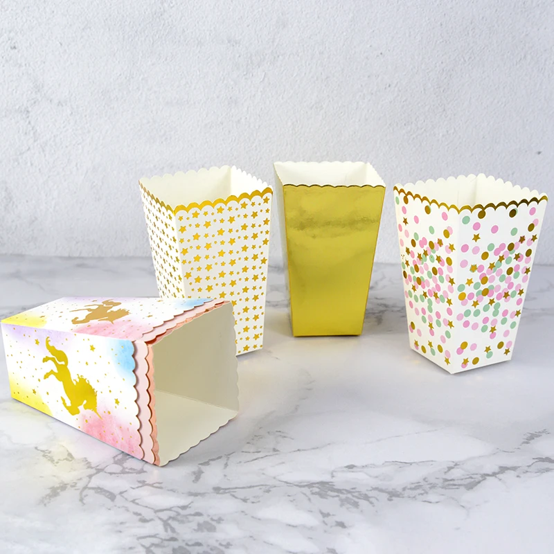 6/12pcs Gold Silver Popcorn Paper Box Unicorn Dot Stripe Pop Corn Candy Snack Bags Wedding Party Kids Birthday Favor Decorations