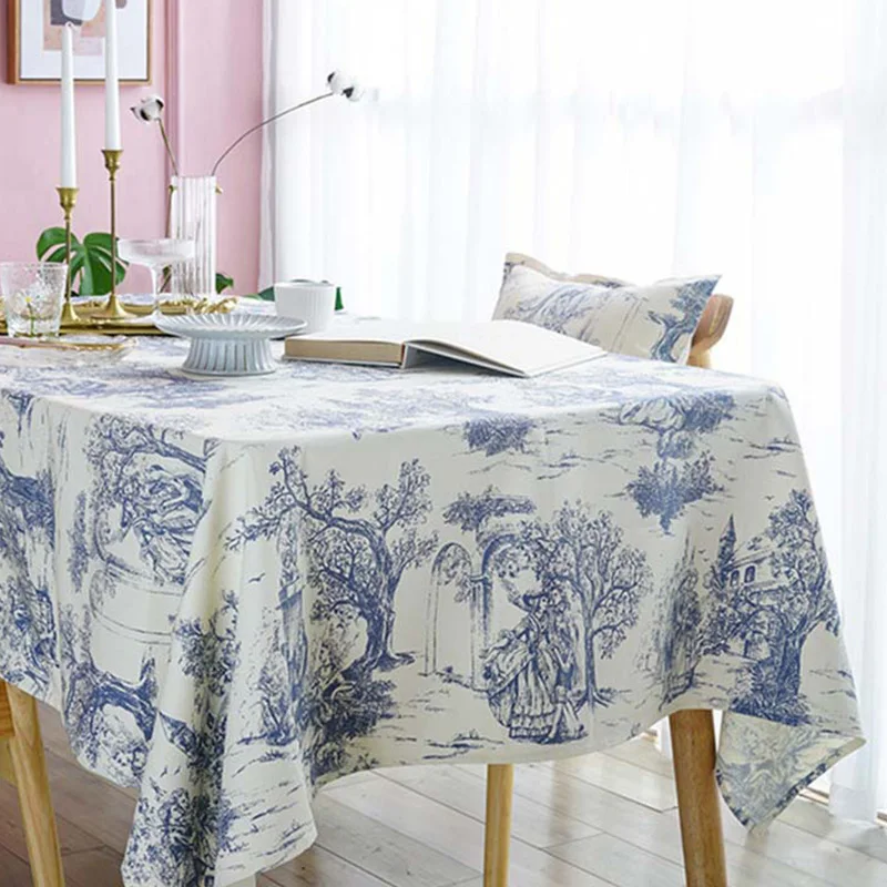 Rustic Tablecloth Classic French Village Blue Printed Table Cover Rectangle/Oblong For Kitchen Dining Room TJ7005