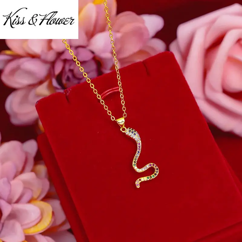 

KISS&FLOWER NK104 Fine Jewelry Wholesale Fashion Woman Girl Birthday Wedding Gift Snake AAA Zircon 24KT Gold Pendant Necklaces