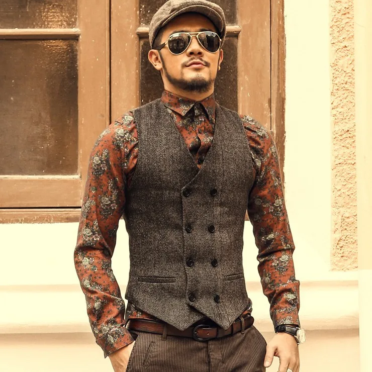 

Custom Made Tweed Vintage Men's Vest Steampunk Slim Fit Double Breasted Best Man Groom Wedding Waistcoats Casual Streetwear Tops