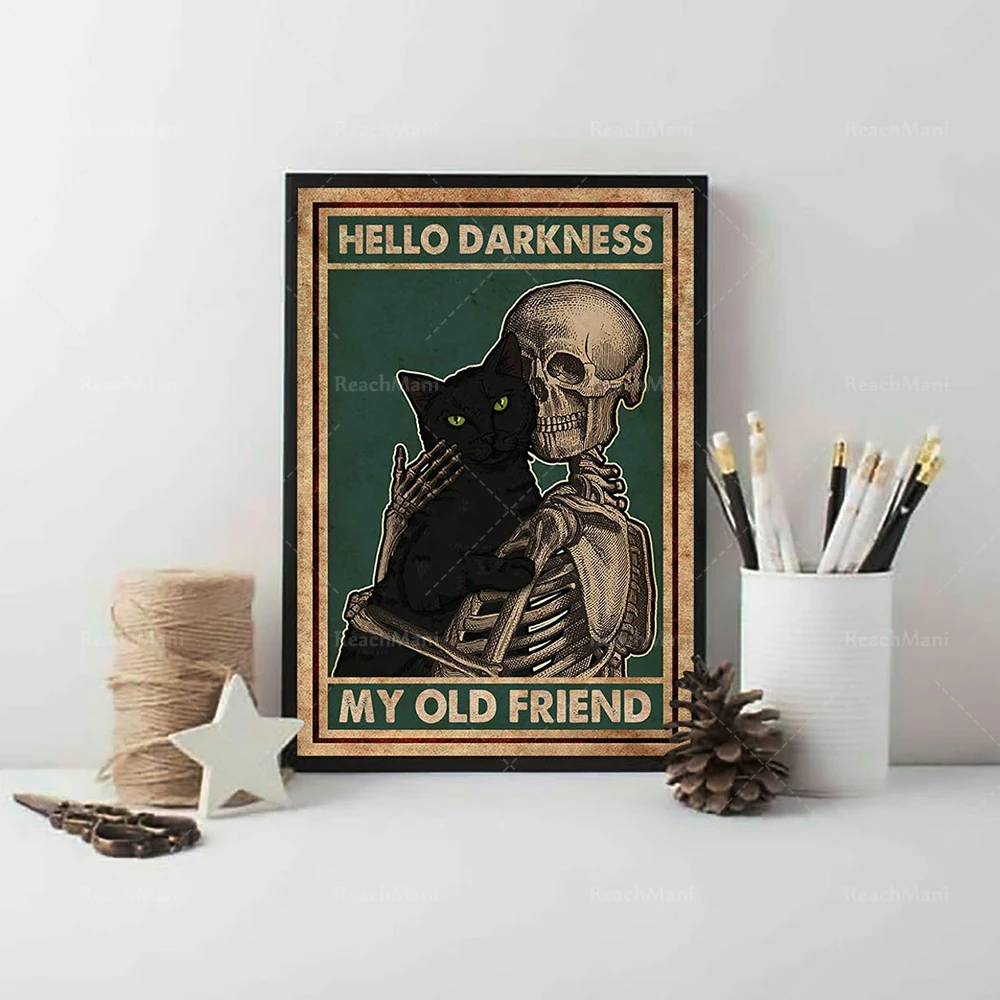 Black cat poster, hello darkness, my old friend poster, cat poster canvas wall decoration, home logo, gift for cat owner from ca