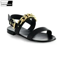 Vintage Mens Gladiator Sandals Chain Designer Cow Leather Sandals Casual Male Outside Flats Roma Shoes Summer Beach Sandals