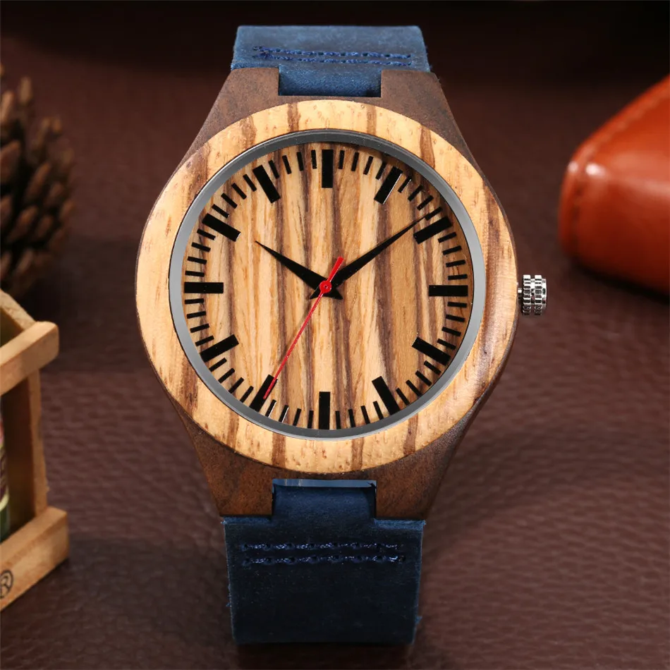 Classic Zebra Wood Men Watch Red Seconds Display Blue Genuine Leather Quartz Mens Wristwatch