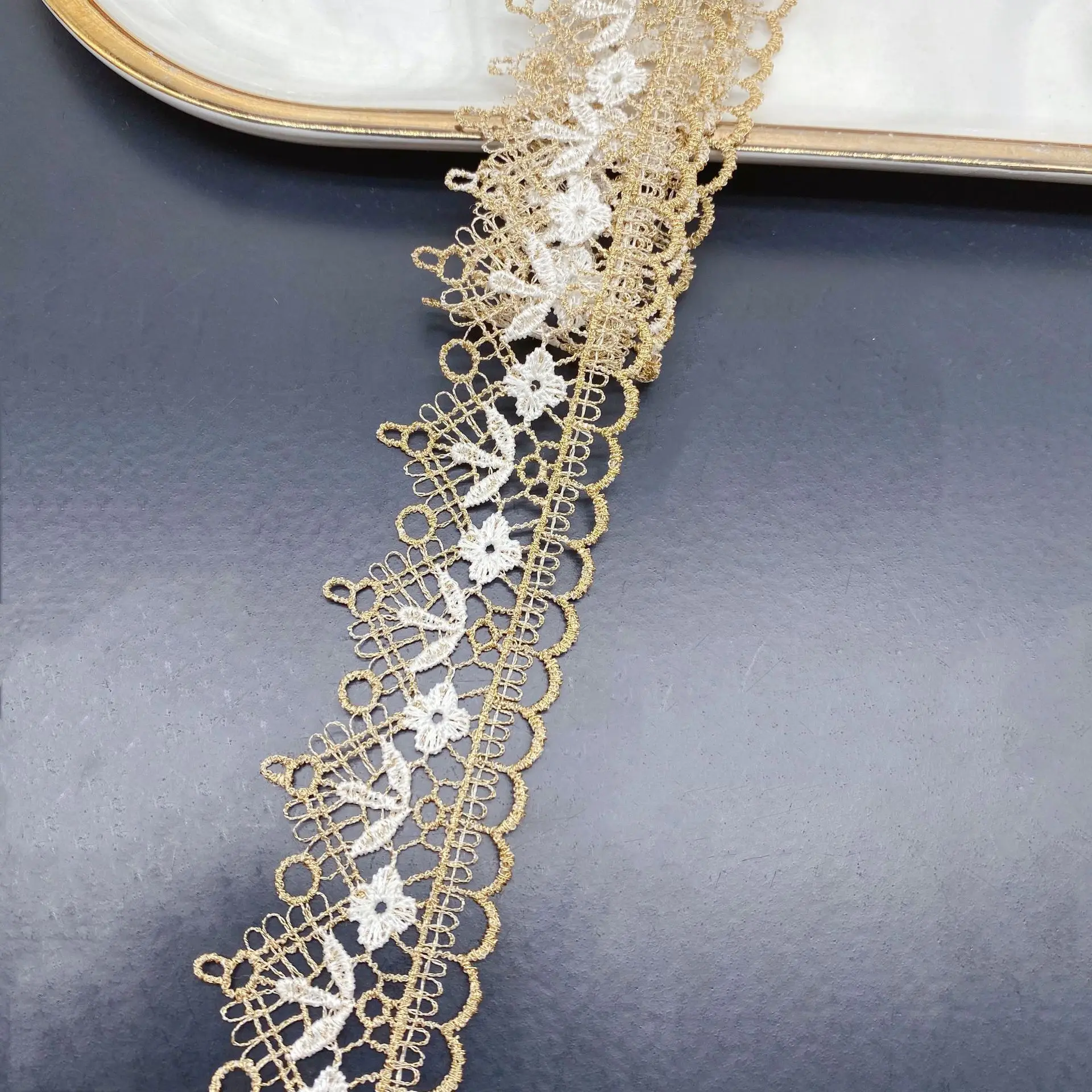 Embroidery Golden Thread Hollow Flower Lace Fabric Trim Ribbons DIY Sewing Handmade Garment Craft Materials